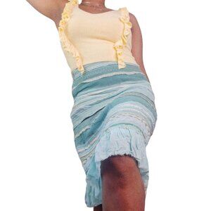 Odille Green & Cream Lace Ribbon Stripe Ruffle Skirt Anthropologie Gold Viscose